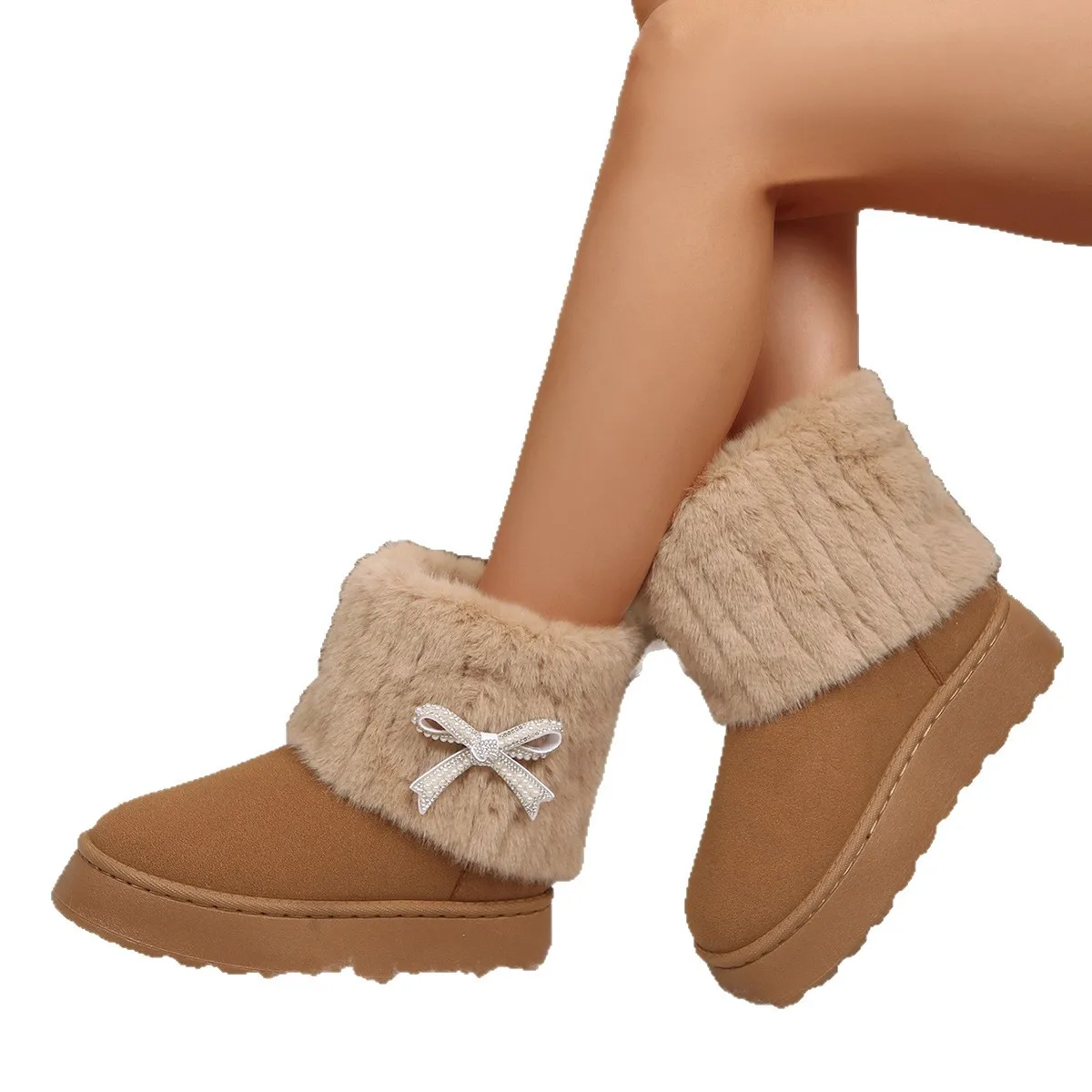 Fashionable Women's Round Toe Warm Thickened Plush Winter Boots Rhinestone Bow Thick Sole Casual Comfortable Women Snow Boots