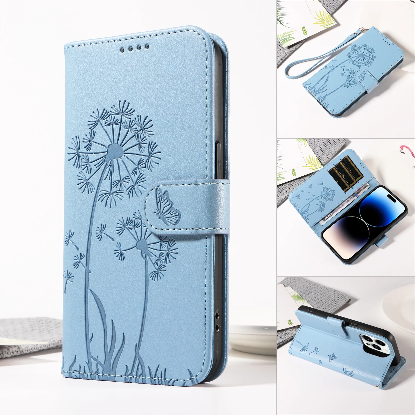 Magnetic Wallet Flip Leather Case with Cat and Butterfly Embossed Design