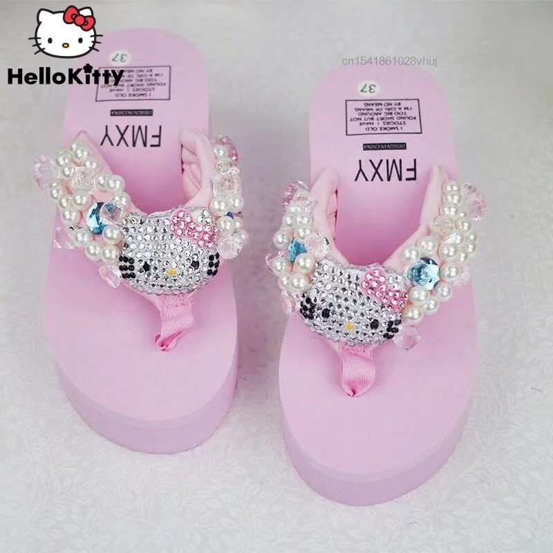 Sanrio Hello Kitty Soft Flip Flop Sandalen Y2k Strand Slides Schoenen Vrouwen Kawaii Casual Wedge Hoge Hakken Platform Slippers Dames