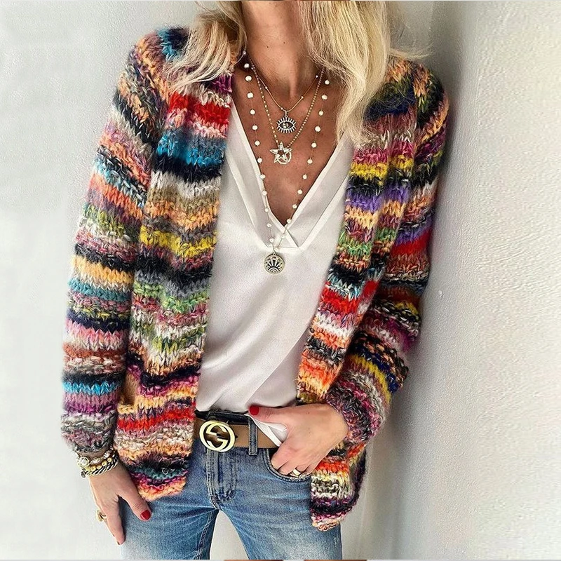 Tanie Kobiety elegancki kolorowy nadruk kardigany z dzianiny sweter 2021 jesienno-zimowy