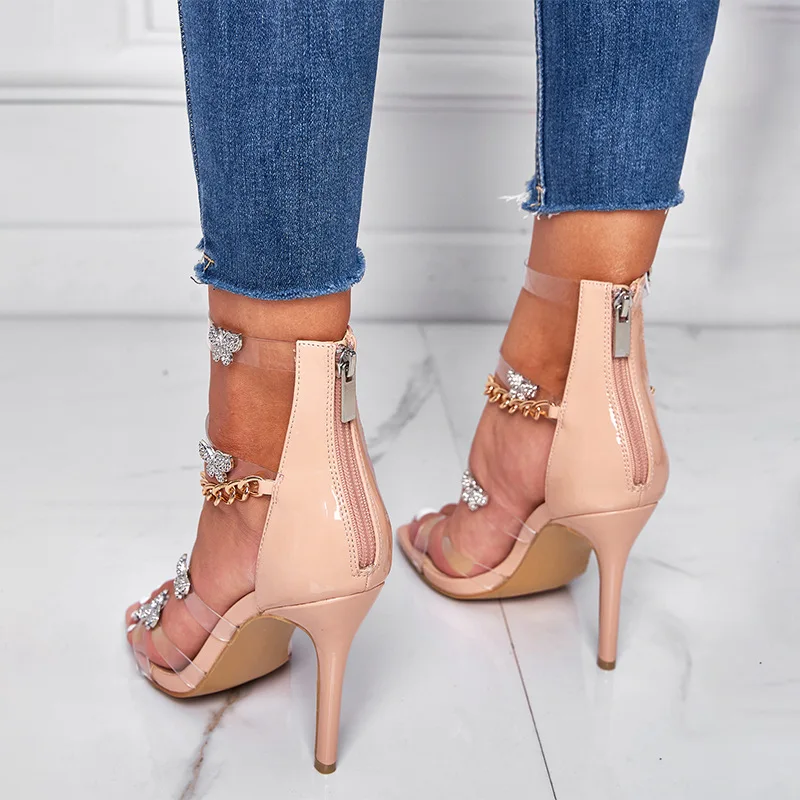 High Heeled Foreign Trade Sandals for Women Rhinestone Butterfly Chain, Transparent Thin High Heeled Square Toe Women's Shoes