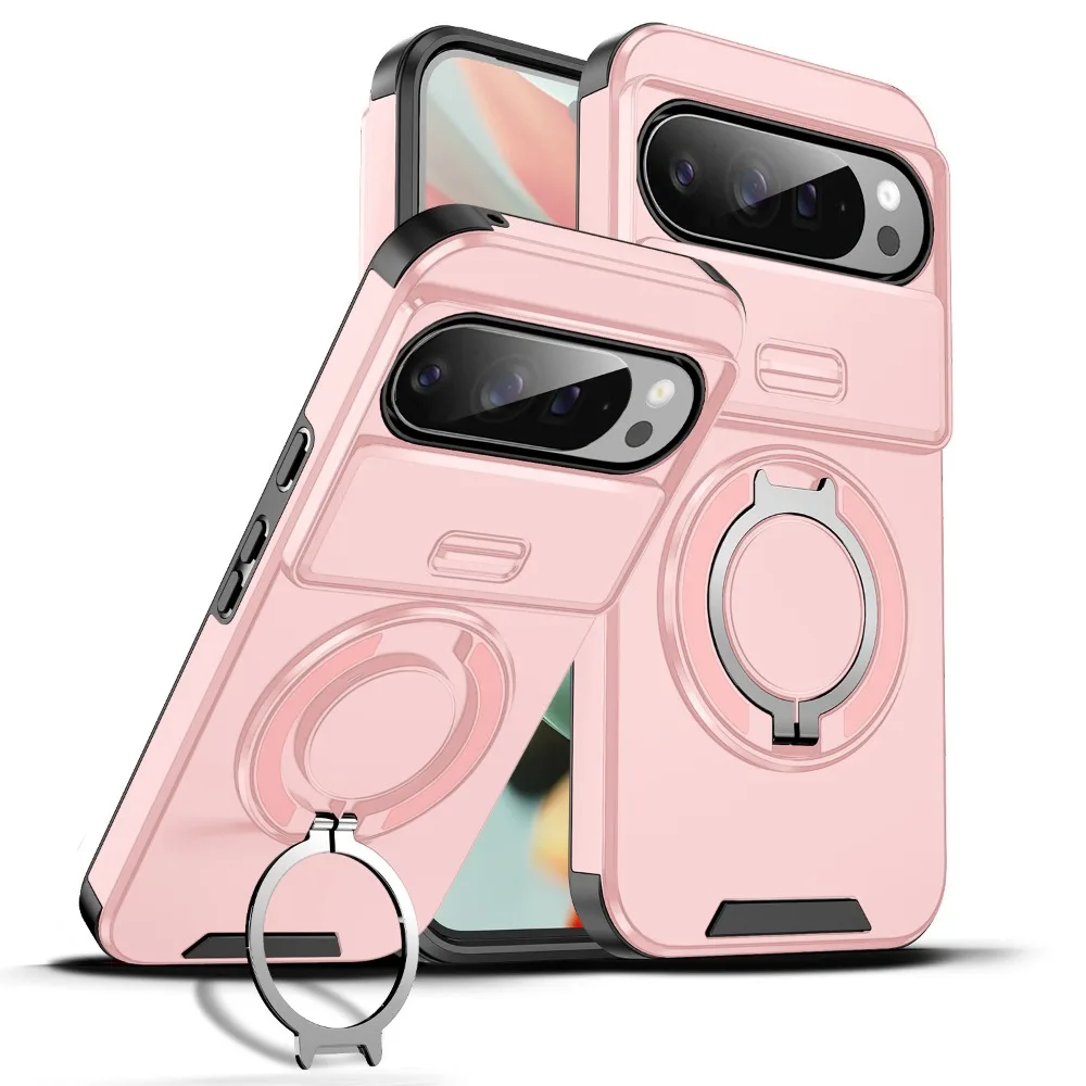 Hybrid Dual Layer Magnetic Metal Stand Case with Slide Camera Lens Protector - Shockproof Cover