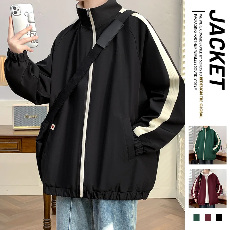 Spring New Large Size Double Faced Jacket for Men with Standing Neck, Trendy Brand Stripes, Versatile Double Faced Coat for Men