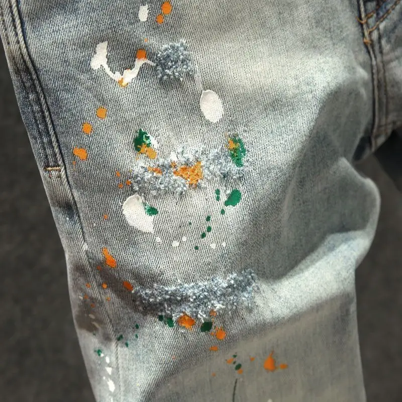 Kpop Korean Style Men's men jeans ripped jeans Designer Clothes Washed Paint Splatter Ripped Distressed Cotton Trousers