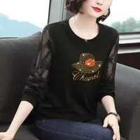 2024 New Spring Autumn Women Fashion Commute Spliced Lace Hollow Out Long Sleeve Round Neck Printed Diamonds Loose T-shirts Tops 1