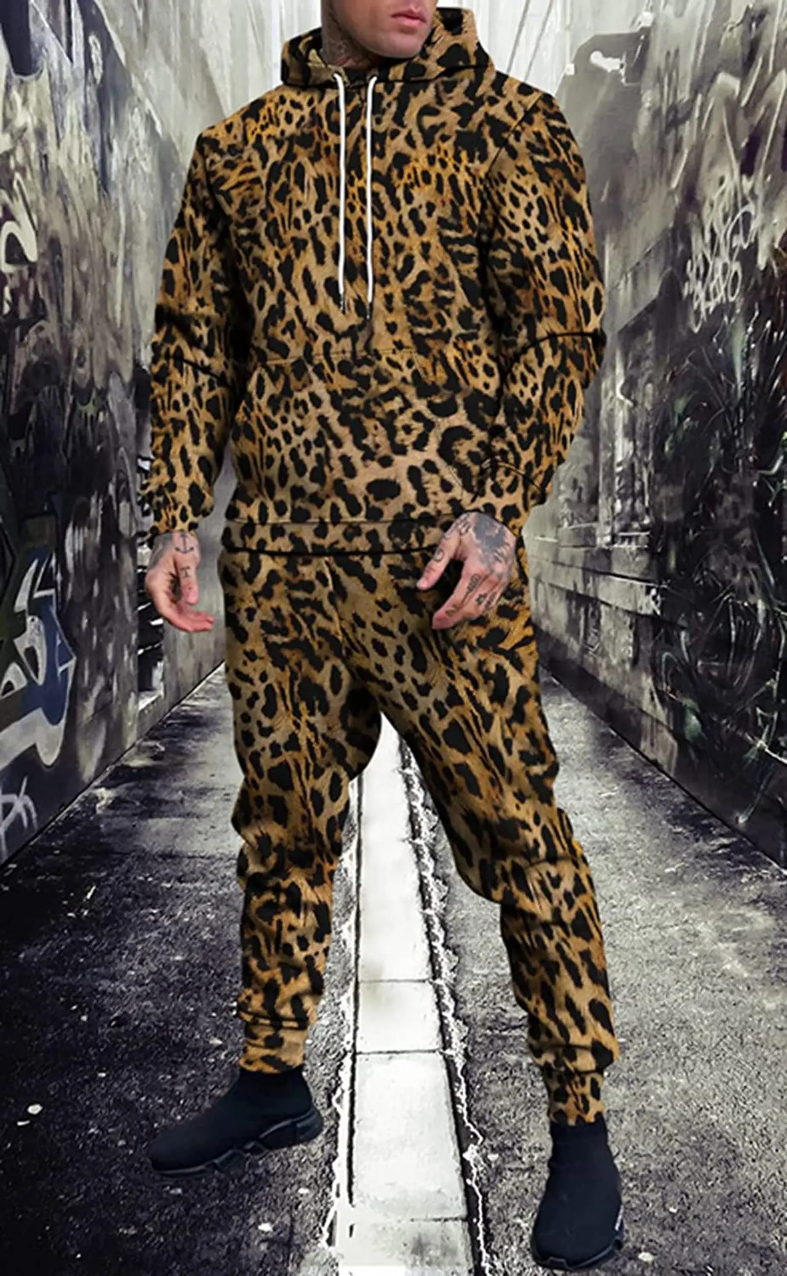 3D Leopard Print Men's Hoodie Pants 2-Piece Outfits Autumn/Winter Men's/Women's Hooded Sweatshirt Sets Oversized Tracksuit Suits 6