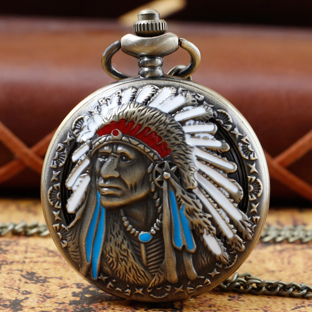 

Vintage Indian Old Man Quartz Pocket Watch Necklace Gift Fob Chain Watches Men Wholesale
