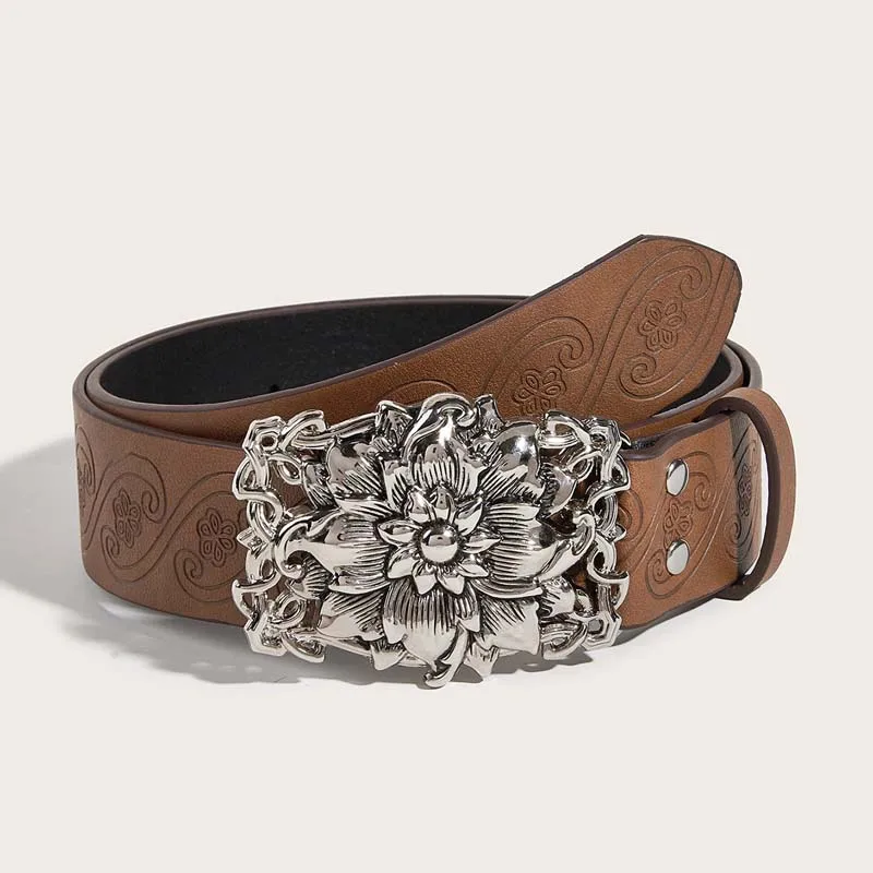 

Retro Pu Belt For Women Designer Brand Prints Carved Buckle Waist Strap Female Jeans Dress Trouser Decorative Waistband