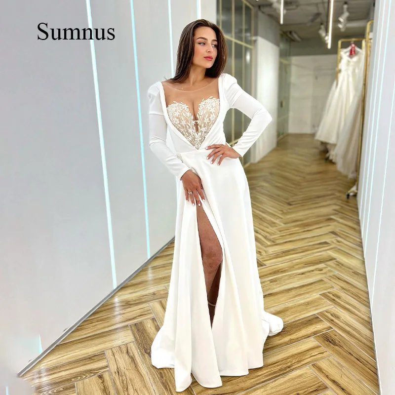

Sumnus White Long Sleeve Wedding Dresses Appliques Sheer Neck Elastic Satin Side Split Bride Dress Chic Wedding Party Gowns 2024