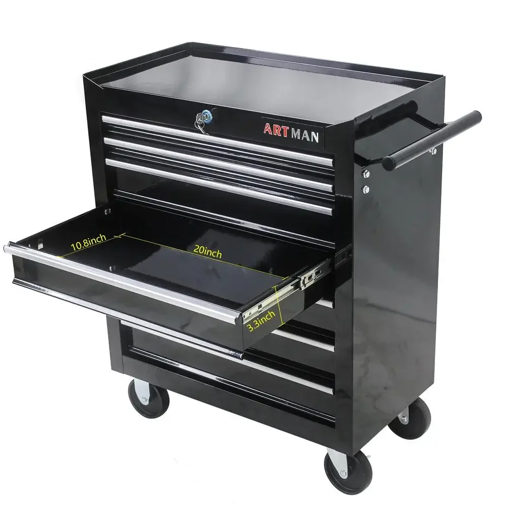 Steel 7-Drawer Rolling Tool Chest Box Wheels Garage Workshop Organizer Storage Black 24.5" Compact Durable Portable Heavy Duty 5