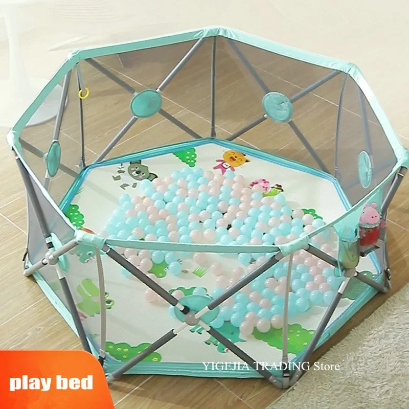 2 in 1 Baby Safety Fence & Swimming Pool, Indoor Outdoor Foldable Toddler Play Bed, 6-Panel Portable Kids Yard