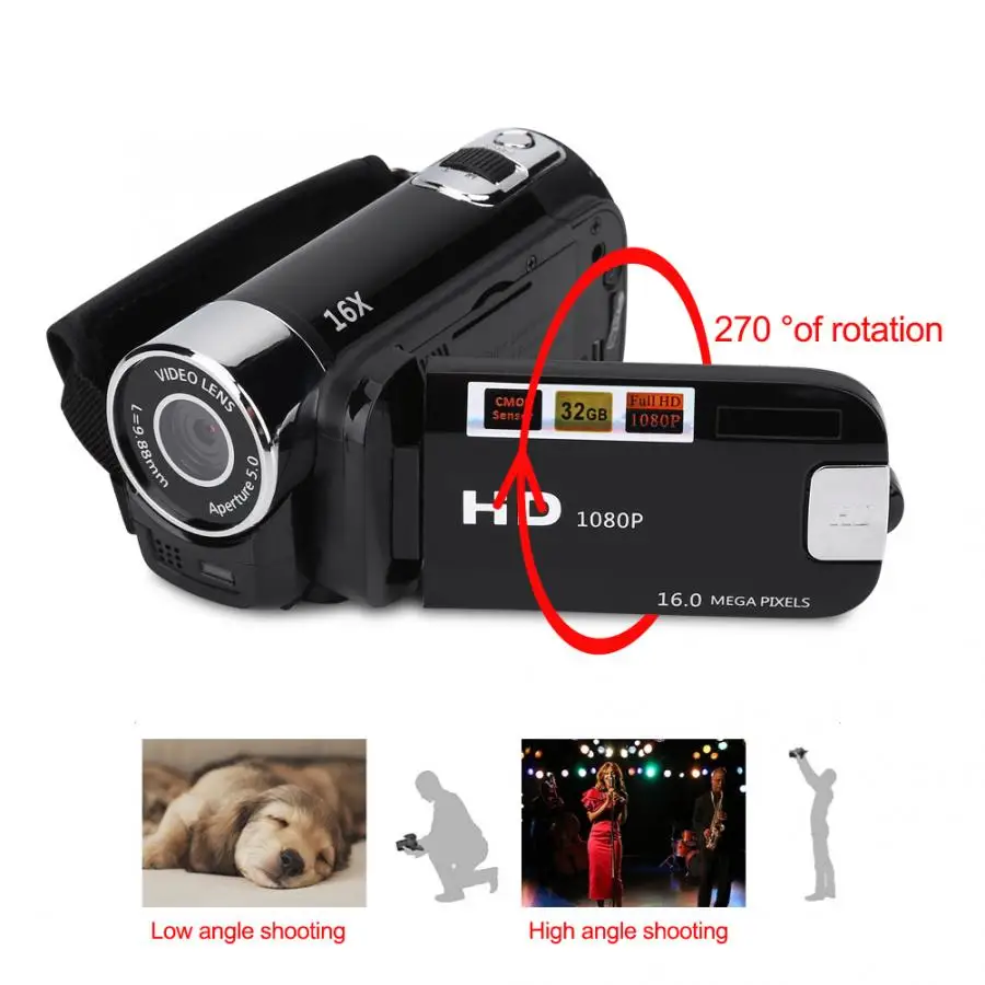 비디오 캠코더 브이로그 카메라, 풀 HD 270 도 회전, 2.4 인치 16X 고화질 디지털 비디오 카메라, 충격 방지 DV 1080P 사진
