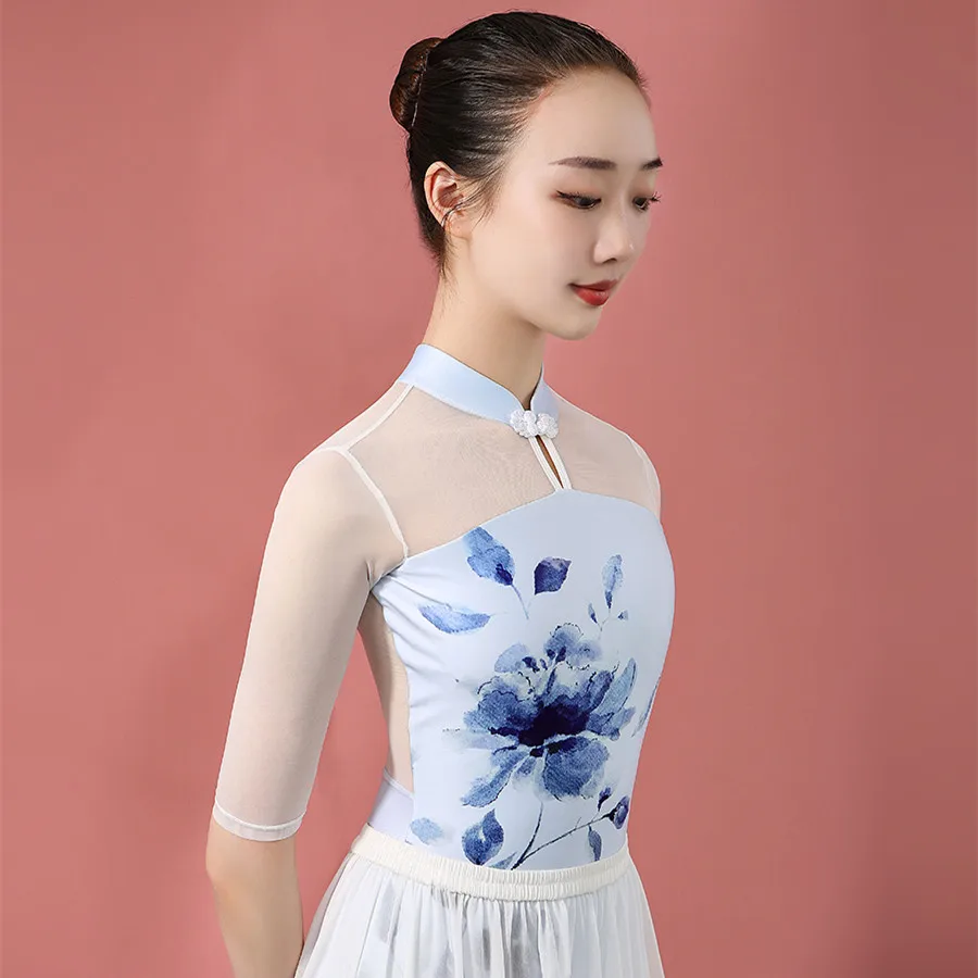 

Half Sleeve Chinese Style Blue-and-white Gymnastic Leotard Adult Dance Ballet Training Wear BodySuit Jumpsuit Leotards for Women