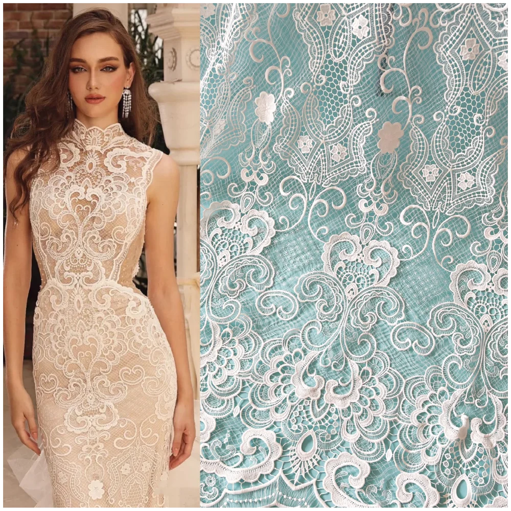 

2023 NEW Arrivals Milk Silk Thread Polyester Embroidery Hollow Lace Fabric Wedding Dress Designer Sewing Material Accessory