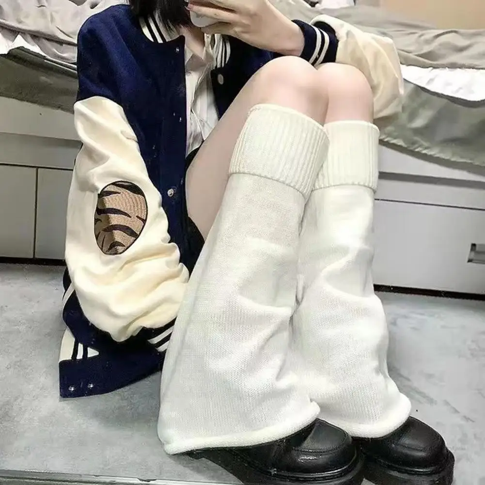 

Fashion Leg Warmers Japanese Style Flared Shape Long Student Leg Covers Elastic Cuffs Solid Striped Loose Knitted Leg Socks
