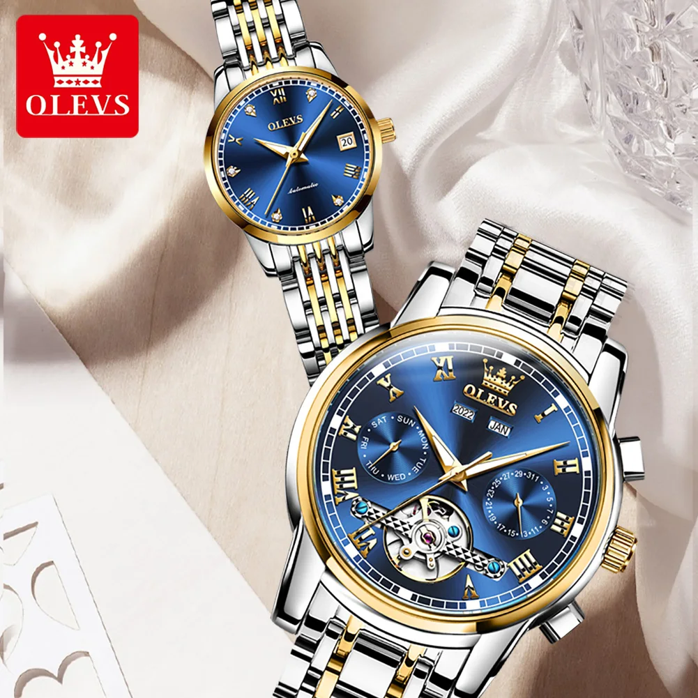 OLEVS Automatic Couple Watch Roman Scale Original Auto Date Mechanical Wristwatch Luxury Business Waterproof Watch For Men Women
