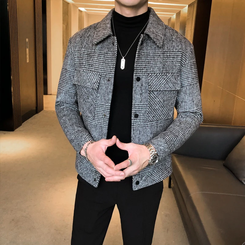 Winter Mens Wool Trench Coat Jacket Short Slim Fit Casual Coats Korean Plaid Steetwear Windbreaker Turndown Collar Outwear | Мужская