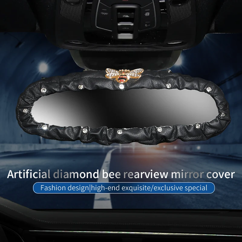 Crown Bee Car Rearview Mirror Cover Crystal Diamond Leather Auto Rear View Mirror Decoration Automotive Interior Accessories