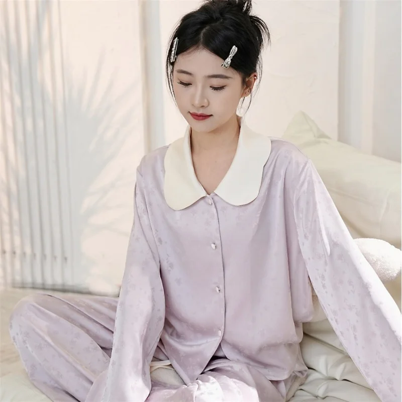 Women Pajamas Nightwear Little Purple Fragrance Long Sleeved Shirt And Trousers Ice Silky Solid Color Casual Smooth Sleepwear