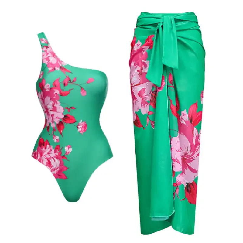 

2023 New Retro Floral Printed One Shoulder One Piece Swimsuit and Sarong Women Swimwear Beachwear Summer Luxury Monokini Bathing