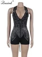 Znaiml Gorgeous Deep V Neck Rhinestone Halter Bandage Playsuits Women Crystal Short Jumpsuits Rompers Night Club Birthday Party - Image 3
