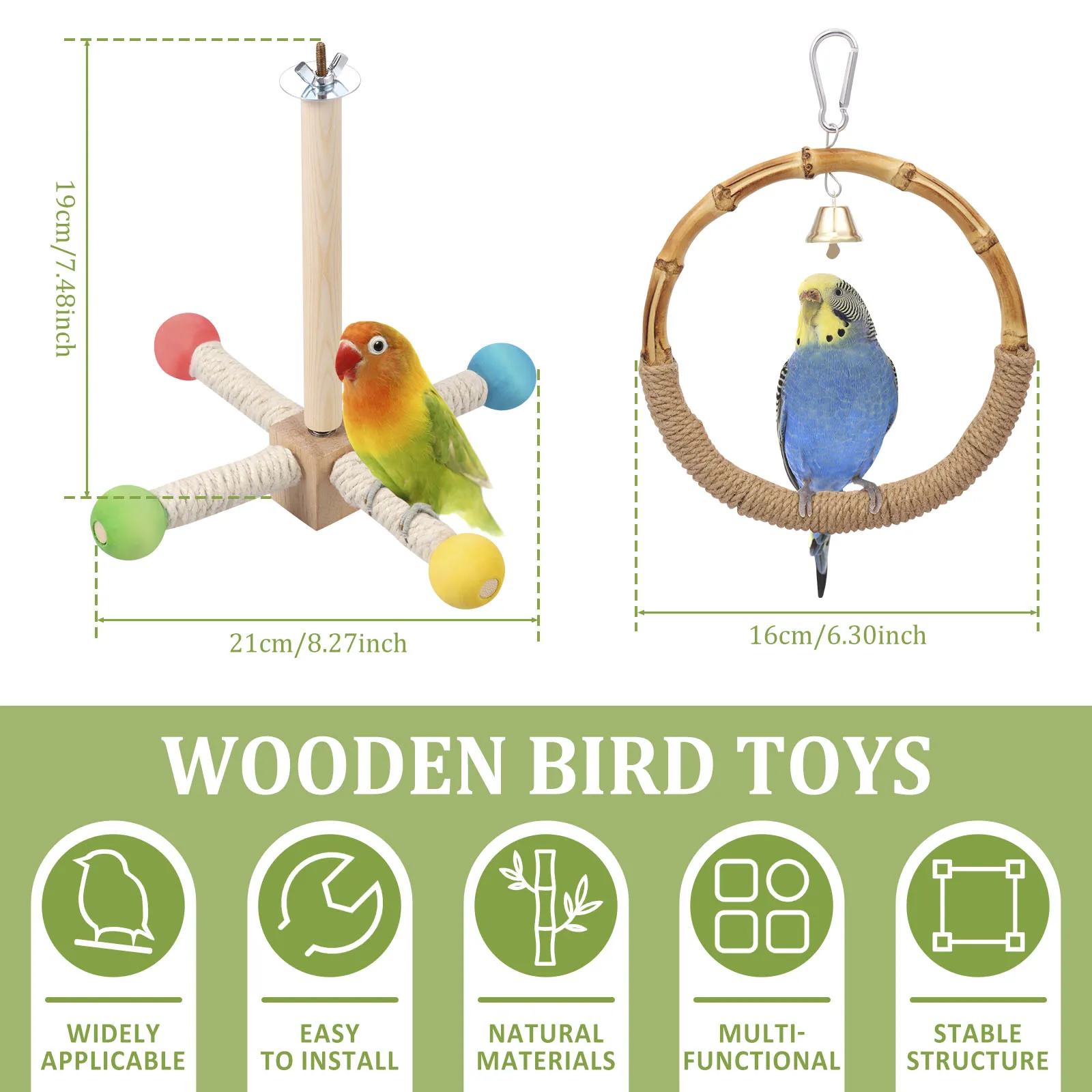 Wood Bird Perch Toy Set Bird Cage Bell Hanging Rotating Swing Standing Colorful Parrots Funny Toys Birdcage Accessoriess