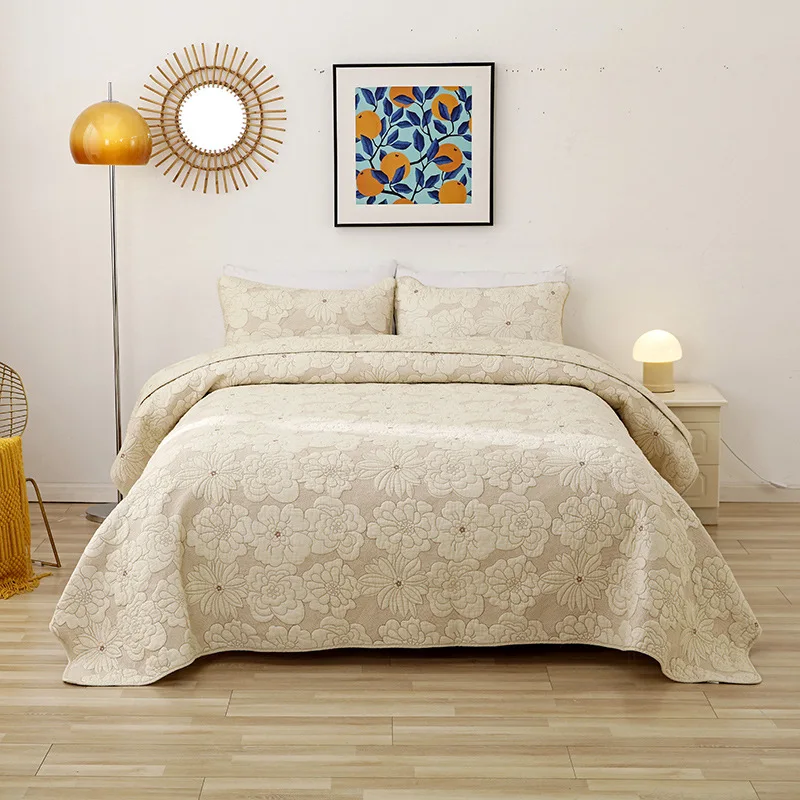 CottonBedspreadontheBedEmbossingPlaidQuiltPillowcaseLitBed