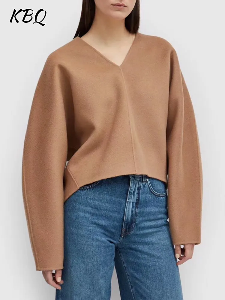 

KBQ Solid Minimalist Sweaters For Women V Neck Long Sleeve Straight Knitting Pullover Casual Loose Sweater Female Fashion New