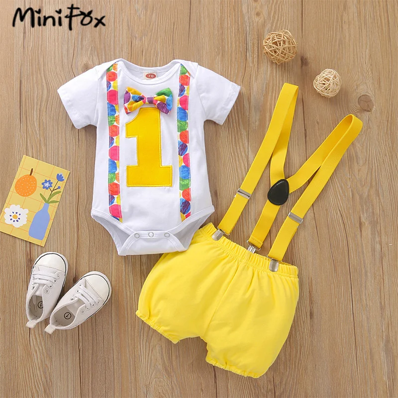 MiniFox Baby Boys Birthday Outfit For One Years Number"1“ Bodysuit and Y-back Suspender Shorts 1 Year Birthday Cake Smash Sets 5