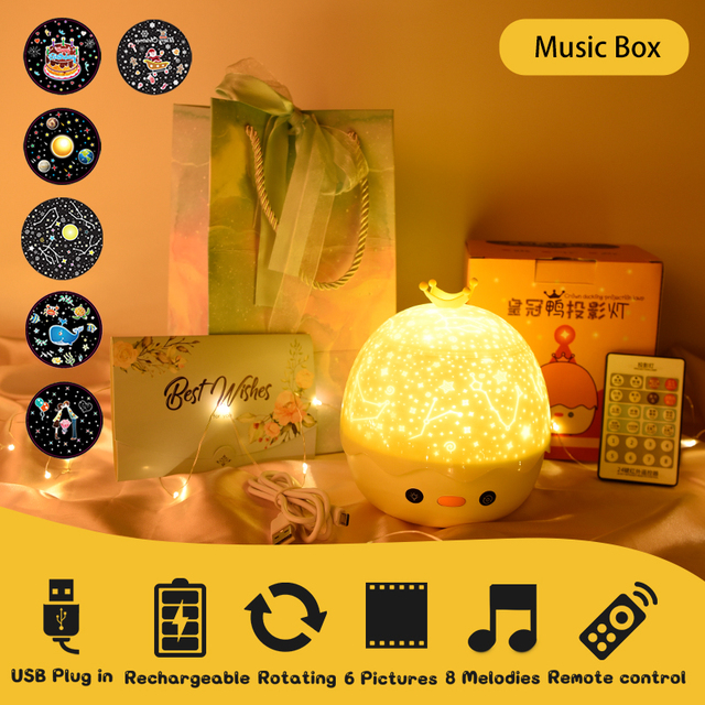 Duck Rotating Starry Sky Projector Lamp Children Night Light Baby Gift Rechargeable Music Bluetooth Speaker Bedroom Decor