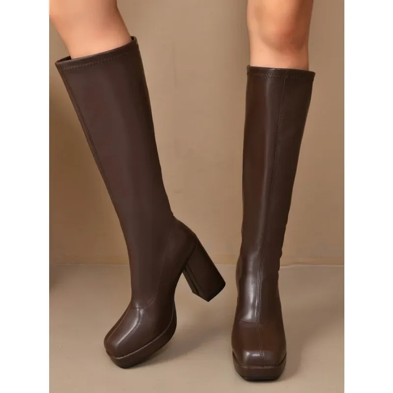 Women's Autumn and Winter Boots 35-42 Large Size New Square Toe Thick Heel Fashion Boots Thick Sole Heightened Knight Boots