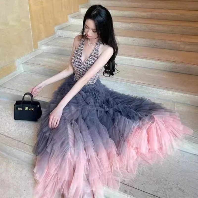 new-korean-style-gradient-grey-pink-skirt-mid-length-a-line-skirt-cake-skirt-princess-dress-fresh-and-sweet-women's-clothing