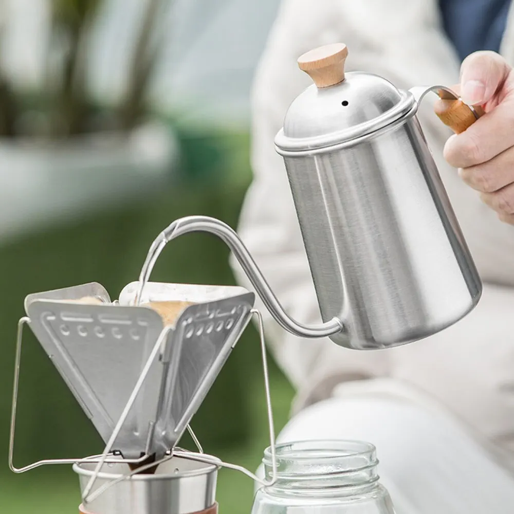 Outdoor Coffee Pot Stainless Tea Kettle Camping Tableware Wooden Handle 650ml Coffee Kettle Tea Pot Filter Cup Bean Grinder coffee kettle outdoor pot water kettle