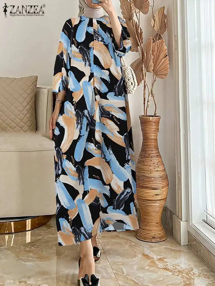 

Повседневный свободный халат ZANZEA, кафтан, женское мусульманское модное платье, абайя, летний праздничный сарафан, богемные Длинные Платья с цветочным принтом