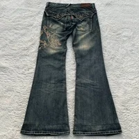 Street Harajuku Heavy Industries Retro Pattern Embroidery Blue Washed Jeans Women's Personalized Casual Splicing Flare Pants 2