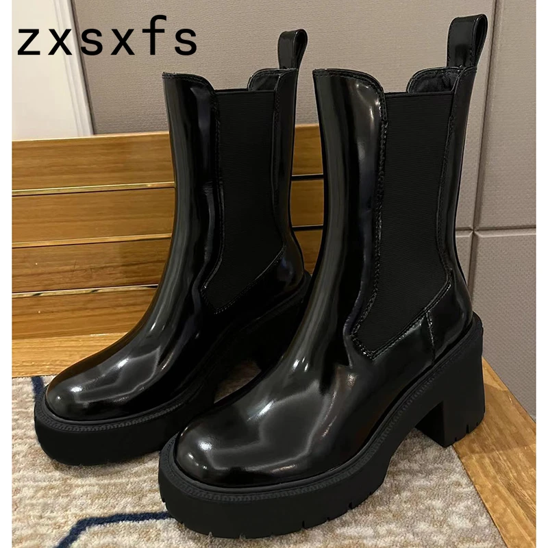 

Genuine Leather Chelsea Women Boots 2022 Winter Thick Sole Platform Mid-calf Boots Western Style Elastic Short Boots Mujer