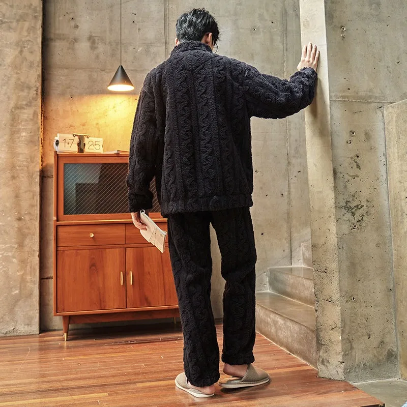 2024 New Coral Fleece Men's Pajamas Autumn Winter Sleepwear Thick Warm Homewear Stand Collar Zipper Flannel Warm Loungewear Set