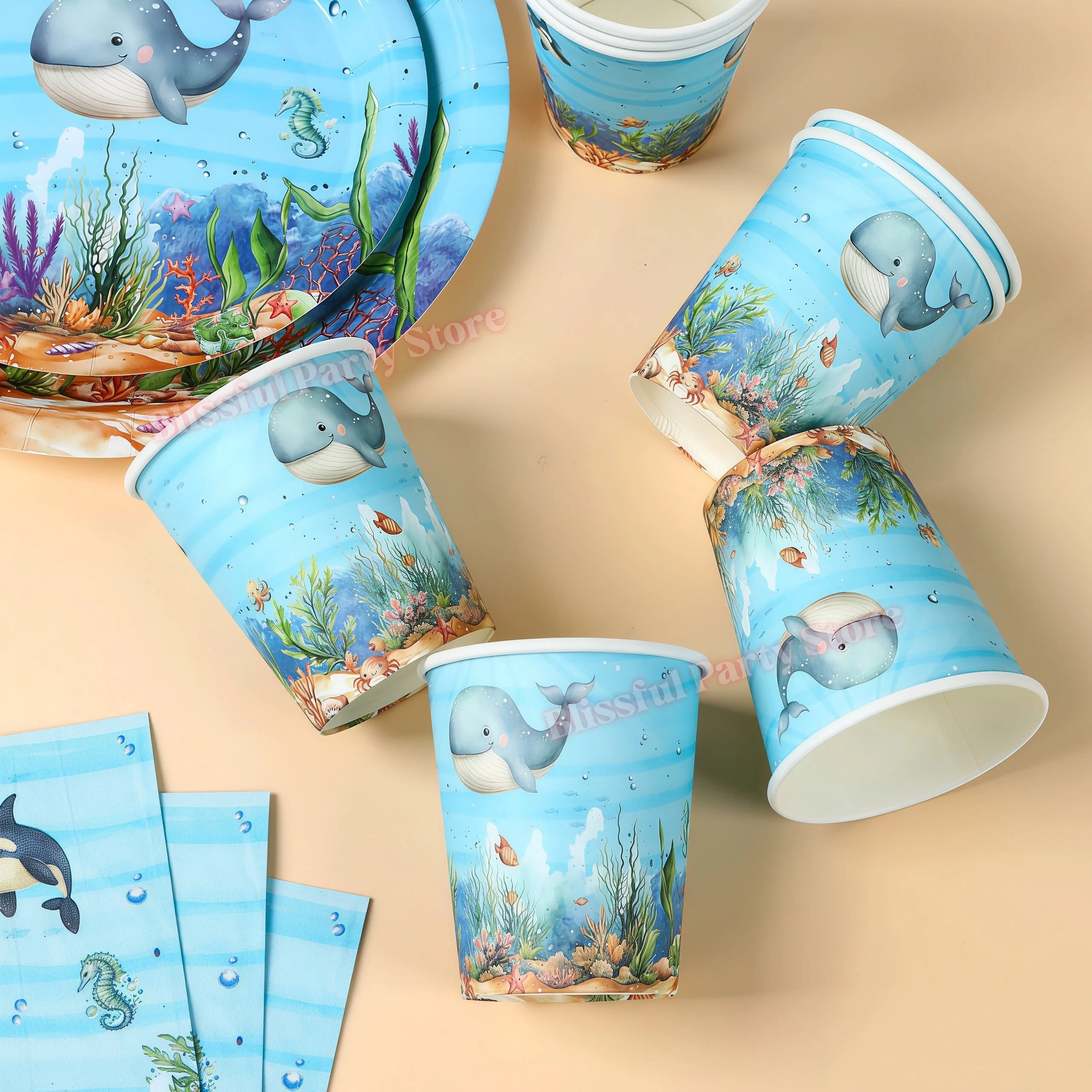 Meeres-Tier Einweggeschirr für die 1. Geburtstagsfeier, Dekorationen, Kinder-Gastgeschenke, Unterwasser-Wal-Babyparty-Zubehör, Geschenke – Detail 5