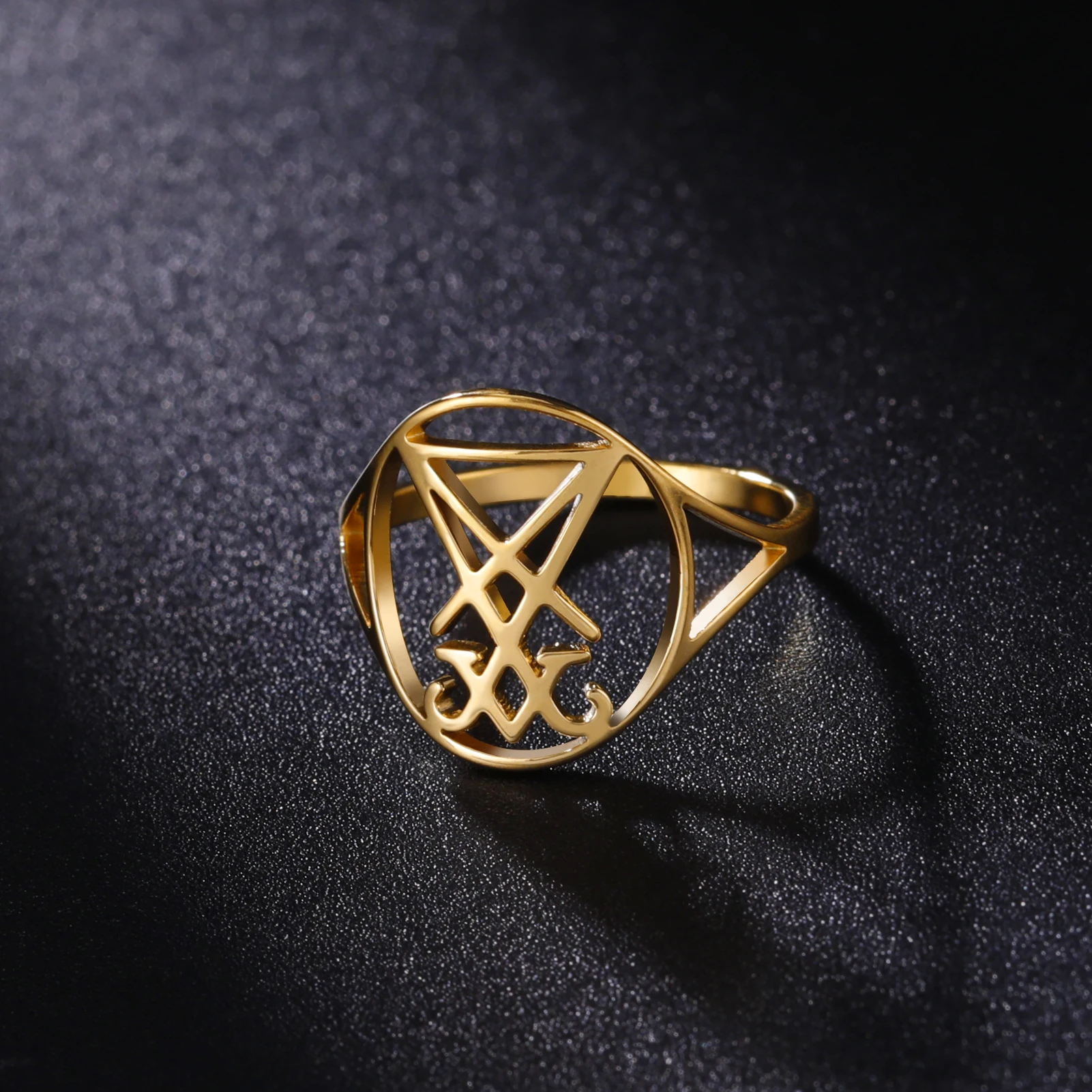 Lucifer Sigil Stainless Steel Ring with Leviathan Cross Amulet Design