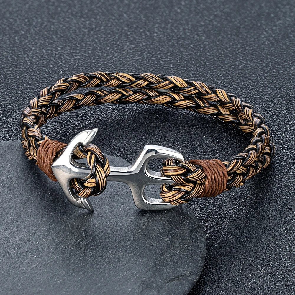 MKENDN Herren-Punk-Ankerarmband aus Edelstahl mit geflochtenem Leder, Schwarz, Modeschmuck, Geschenk