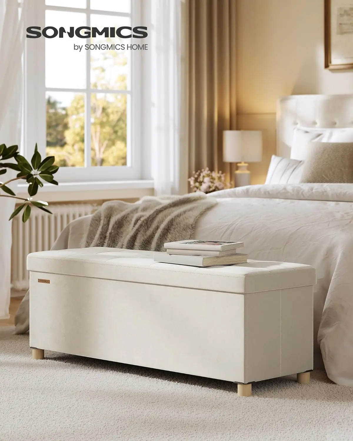 Storage Ottoman Bench, Folding Storage Chest, 15 x 43.3 x 15.7 Inches, Foot Rest Stool, 30 Gal. (112 L), Velvet Surface