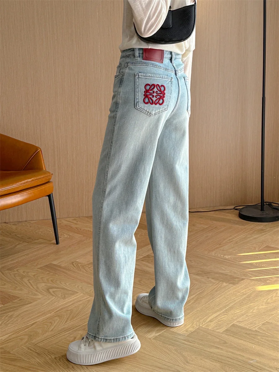 Embroidery Velvet Lined Wide Leg Jeans Winter Design Casual High Waist Baggy Straight Vaqueros Korea New Warm Woman Denim Pants