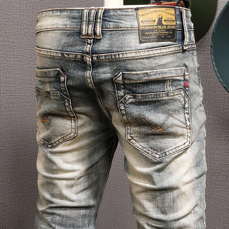 Italian Style Fashion Men Jeans Retro Stretch Slim Fit Ripped Jeans Men Vintage Designer Winter Velvet Warm Denim Pants Hombre