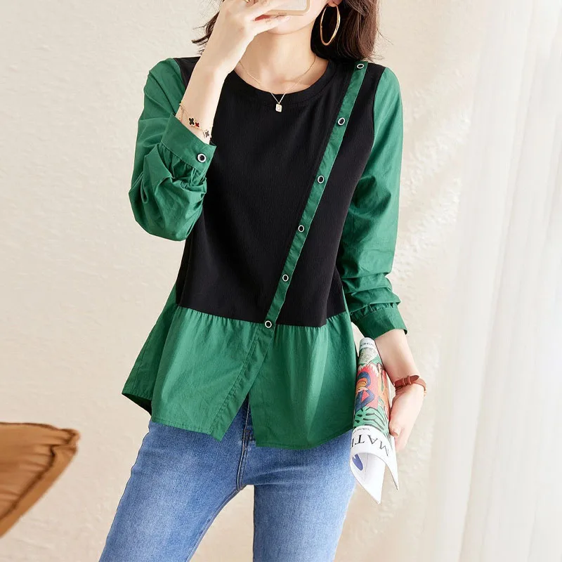 Female Spring Fake Two Pieces Contrasting Colors Shirt Fashion Office Lady Elegant Round Neck Asymmetrical Button Spliced Blouse