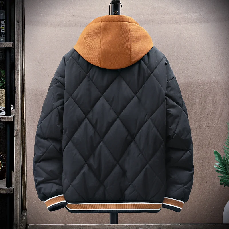 Street Style Men Winter Fake Two-Piece Hooded Baseball Clothes Jacket Unisex Parkas Thick Warm Oversize Cotton-Padded Windbreake