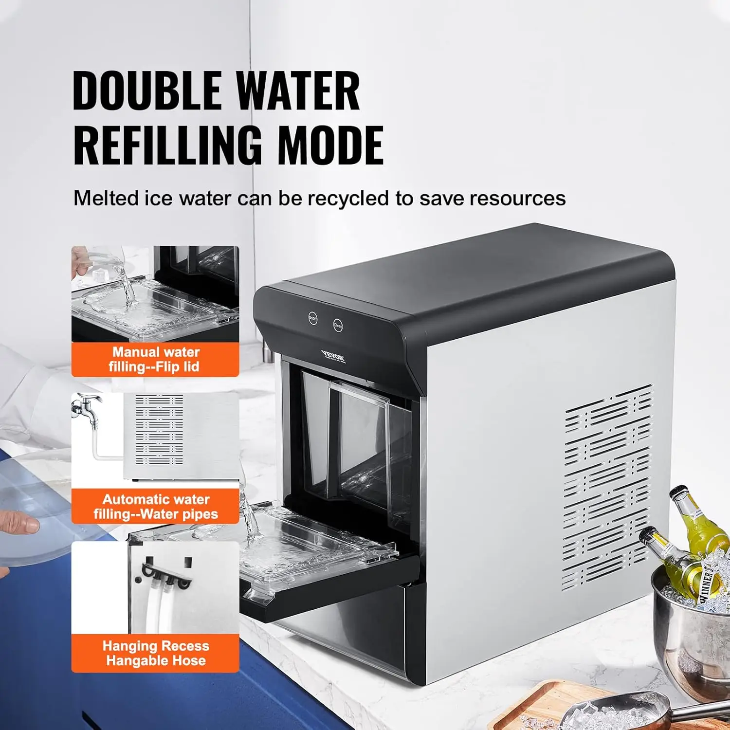 Nugget Ice Maker, 37lbs in 24  2 Way Water Refill Self Cleaning Nugget Ice Maker with Scoop and Basket for H 3