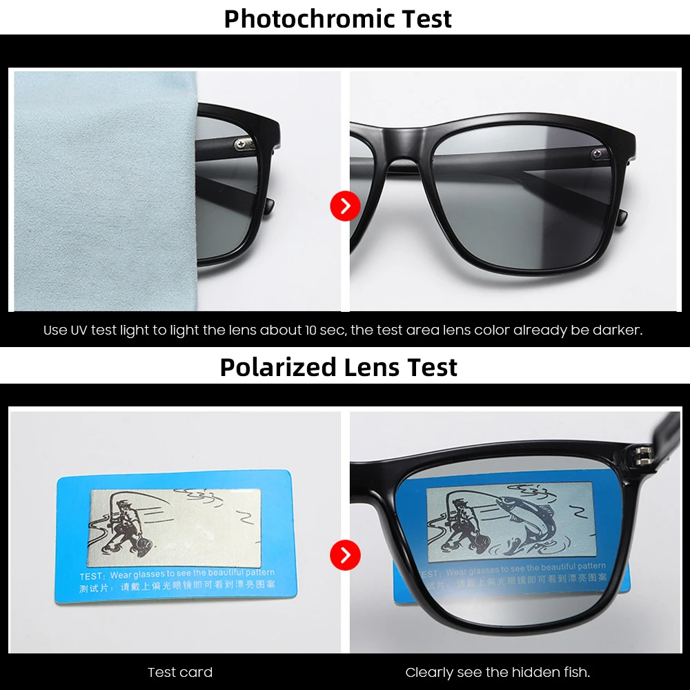 Classic Fishing Sunglasses Men Polarized Metal Square Frame UV400  Photochromic Goggles Women Driving Discoloration Eyewear