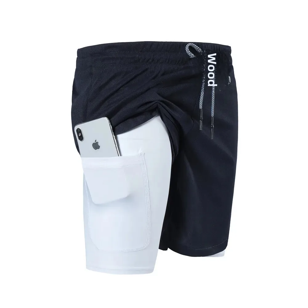 Men's Fitness Five-Quarter Shorts Double Layer Elastic Sports Running Training Shorts with Zipper Pocket by None( AE Stock)
