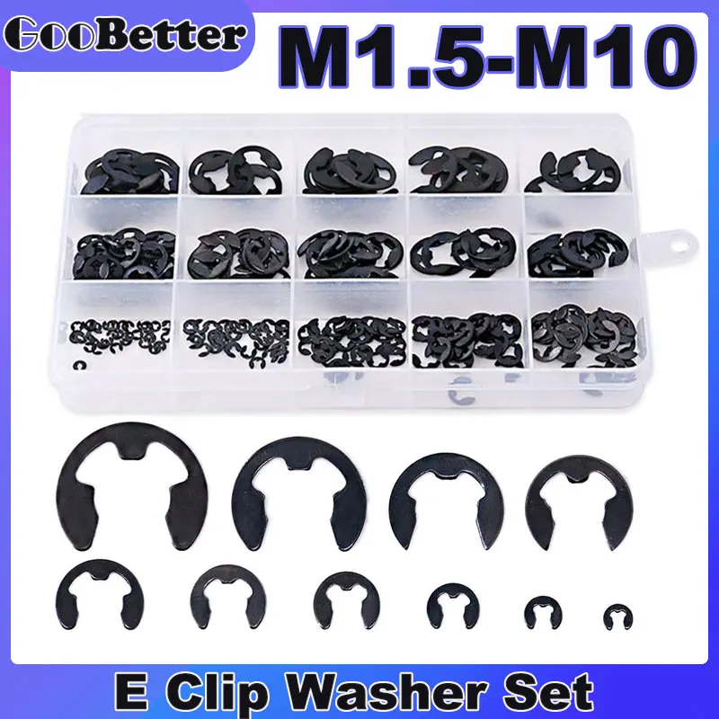 

300Pcs E Clip Washer Set Black Carbon Steel External Retaining Rings Snap Circlip Washer Assortment Kit for Shaft M1.5-M10