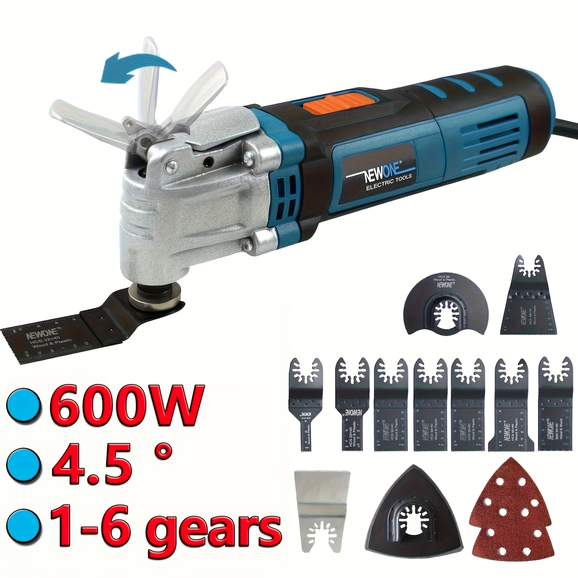 NEWONE 600 W oszillierendes Multitool, 15000–22000 OPM, 6 variable Geschwindigkeiten, 4 ° Oszillierender Winkel für präzises Schneiden